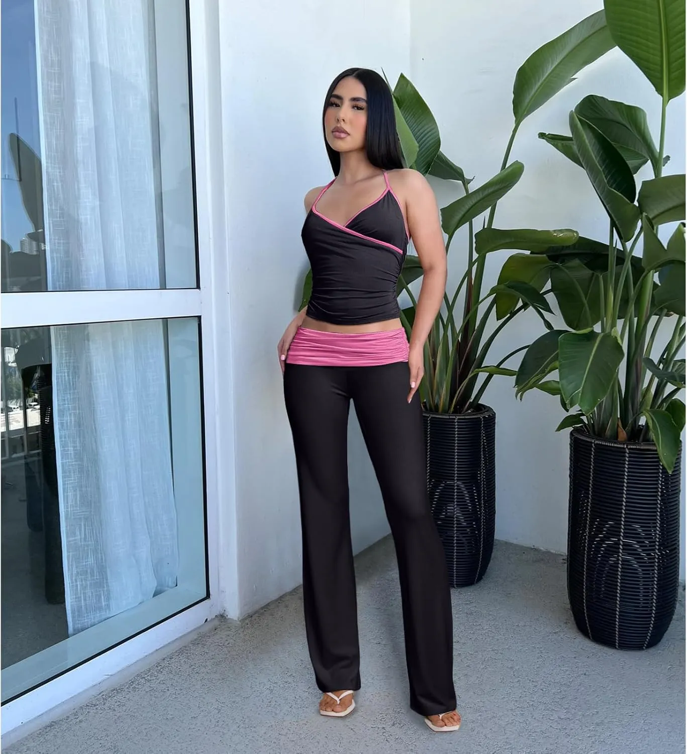 Womens Sexy Two Piece Outfits Tank Crop Tops Fold Over Flare Yoga Pants 2 Pc Sets