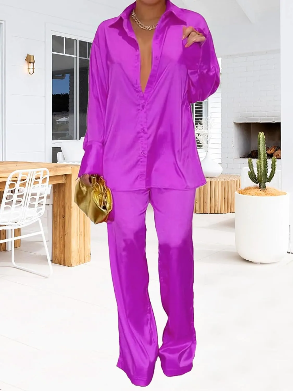 Womens Silk Satin 2 Piece Outfit Long Sleeve Lapel Button Down Tops Wide Leg Palazzo Loungewear Pajama Set
