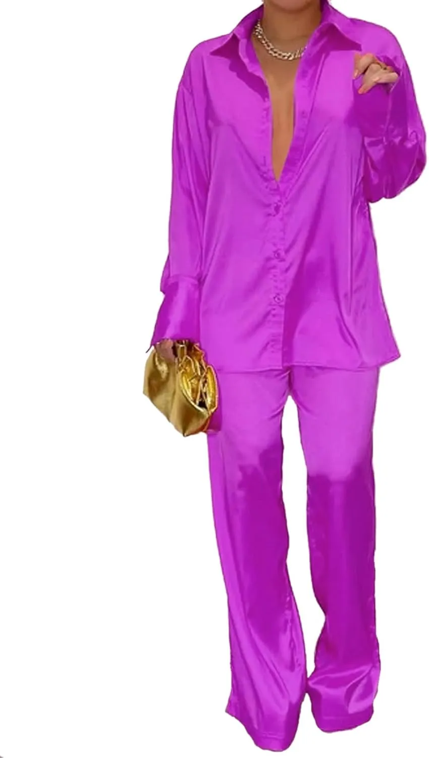 Womens Silk Satin 2 Piece Outfit Long Sleeve Lapel Button Down Tops Wide Leg Palazzo Loungewear Pajama Set