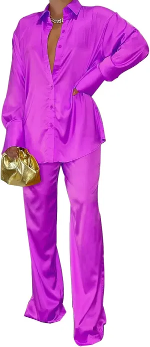 Womens Silk Satin 2 Piece Outfit Long Sleeve Lapel Button Down Tops Wide Leg Palazzo Loungewear Pajama Set
