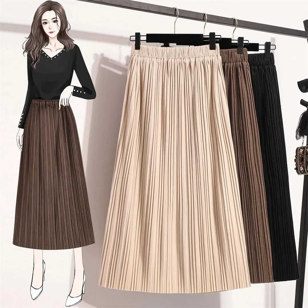 Women's Spring Autumn High Waist Casual Straight Skirt Mid-Length Pleated Skirt