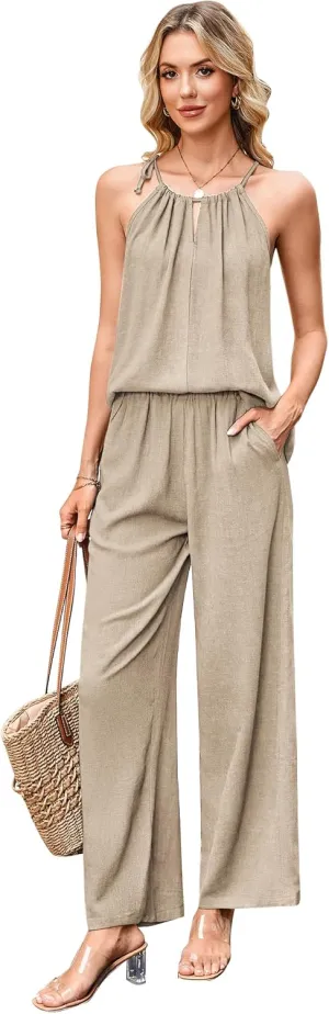 Women's Summer 2 Piece Vacation Outfits Set Cotton Linen Cutout Halter Top Wide Leg Pants Matching Sets Jumpsuits