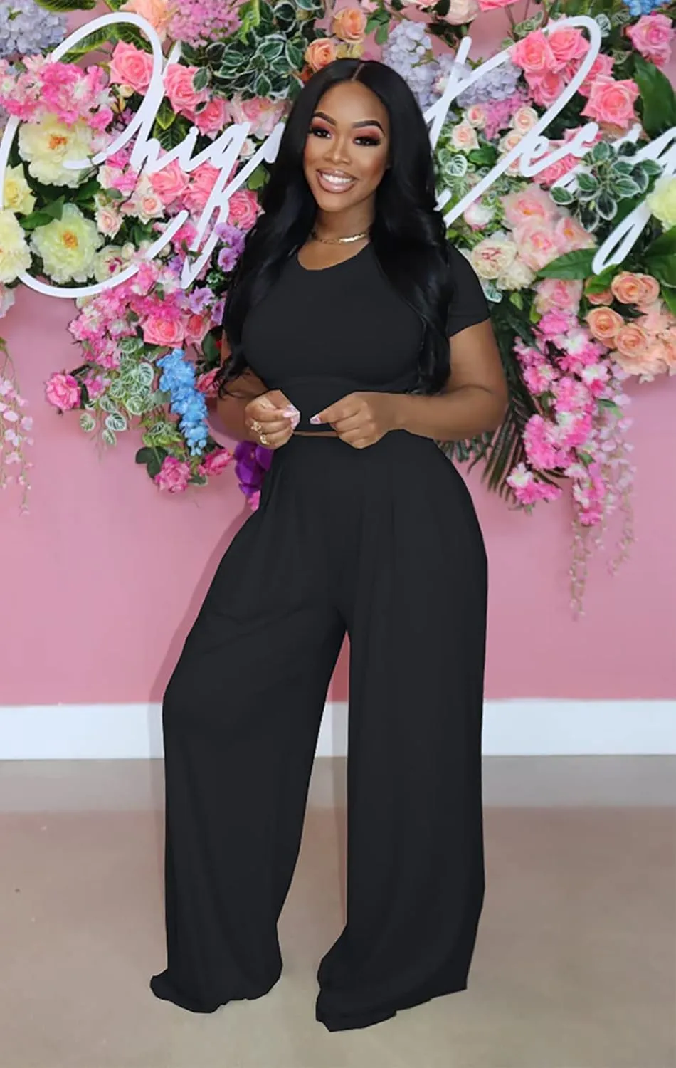 Womens Summer Casual 2 Piece Outfit Sexy Crew Neck T-Shirt Crop Top High Waist Wide Leg Long Palazzo Pants Set