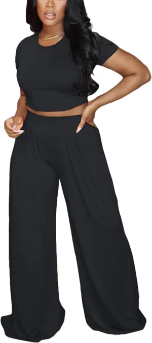 Womens Summer Casual 2 Piece Outfit Sexy Crew Neck T-Shirt Crop Top High Waist Wide Leg Long Palazzo Pants Set