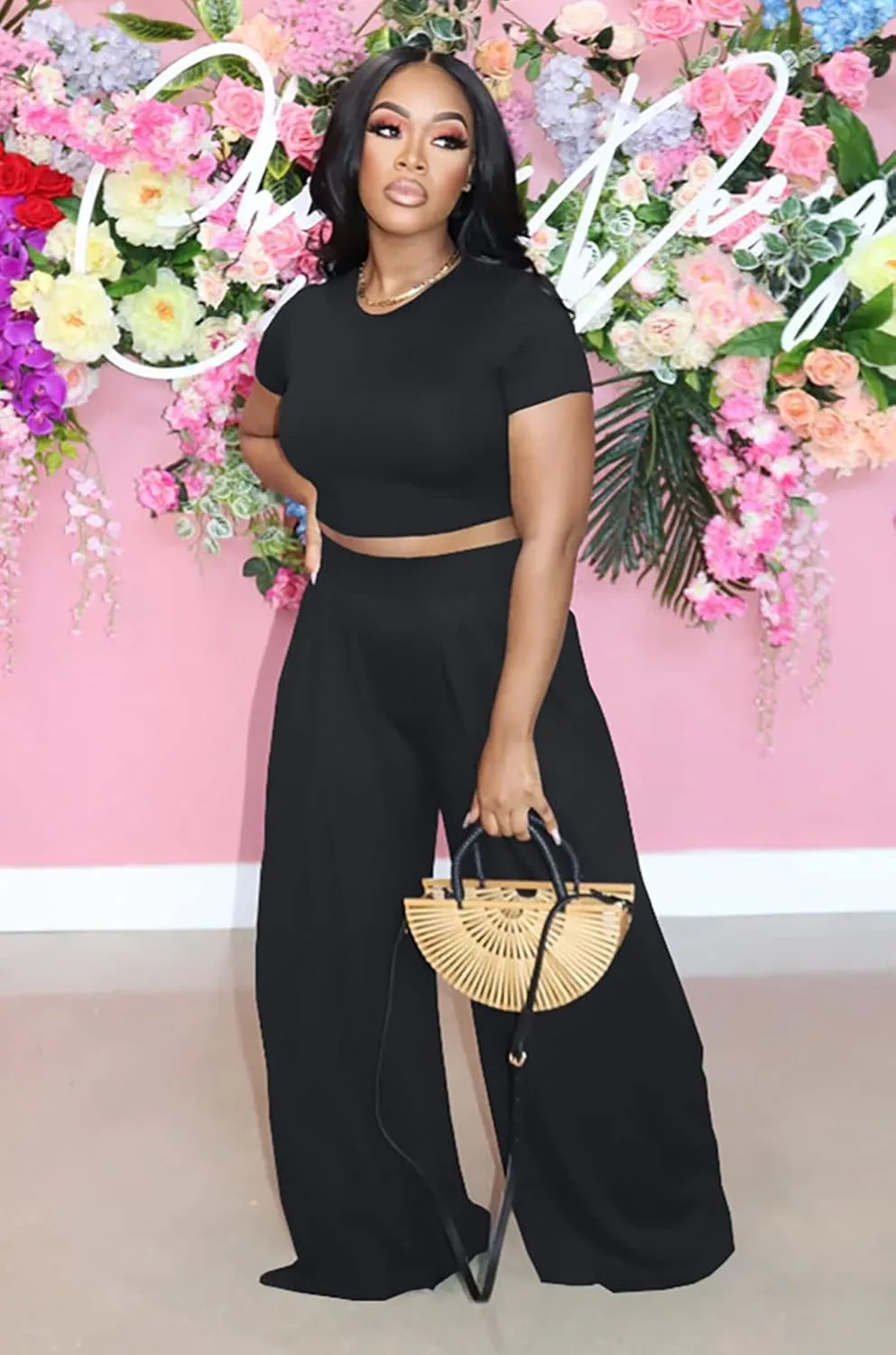 Womens Summer Casual 2 Piece Outfit Sexy Crew Neck T-Shirt Crop Top High Waist Wide Leg Long Palazzo Pants Set