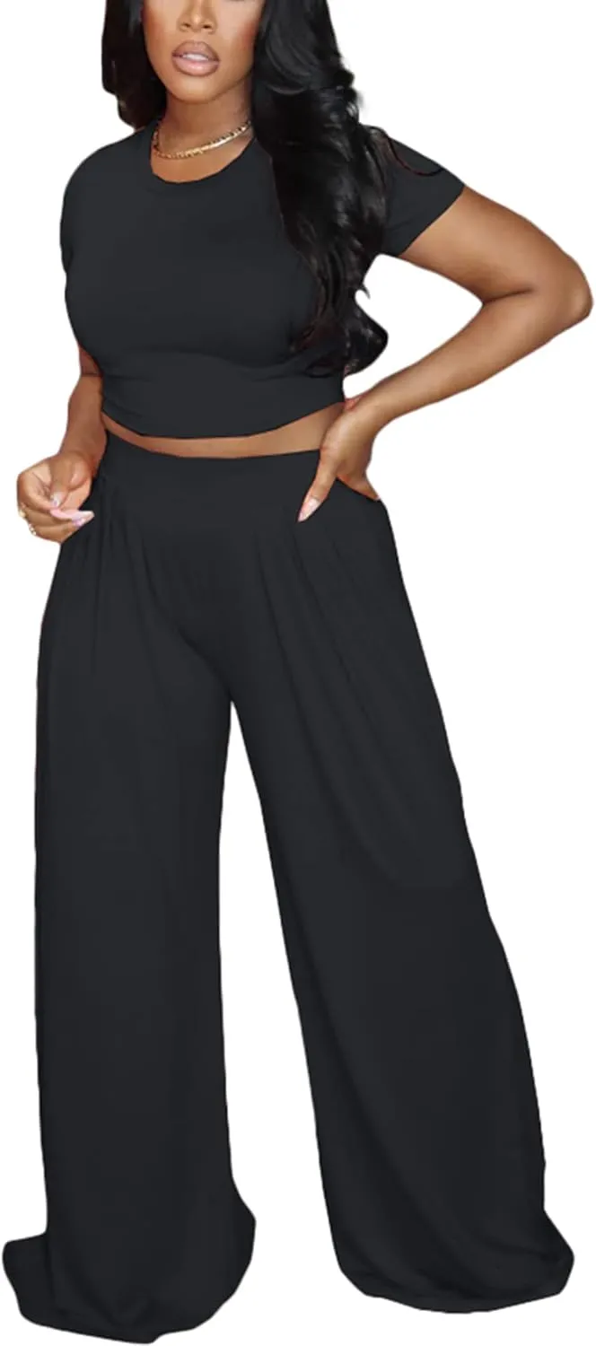 Womens Summer Casual 2 Piece Outfit Sexy Crew Neck T-Shirt Crop Top High Waist Wide Leg Long Palazzo Pants Set