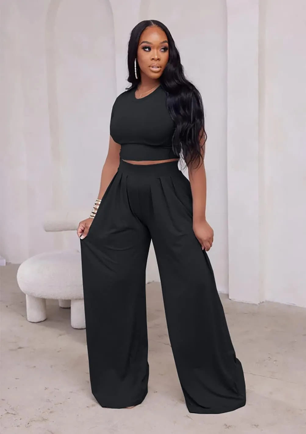 Womens Summer Casual 2 Piece Outfit Sexy Crew Neck T-Shirt Crop Top High Waist Wide Leg Long Palazzo Pants Set