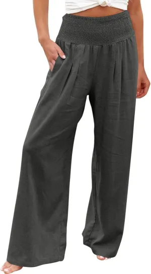 Womens Summer Casual Wide Leg Palazzo Pants Smocked High Waist Loose Lounge Comfy Trousers