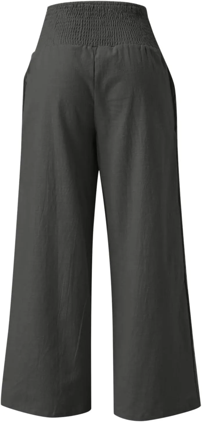 Womens Summer Casual Wide Leg Palazzo Pants Smocked High Waist Loose Lounge Comfy Trousers