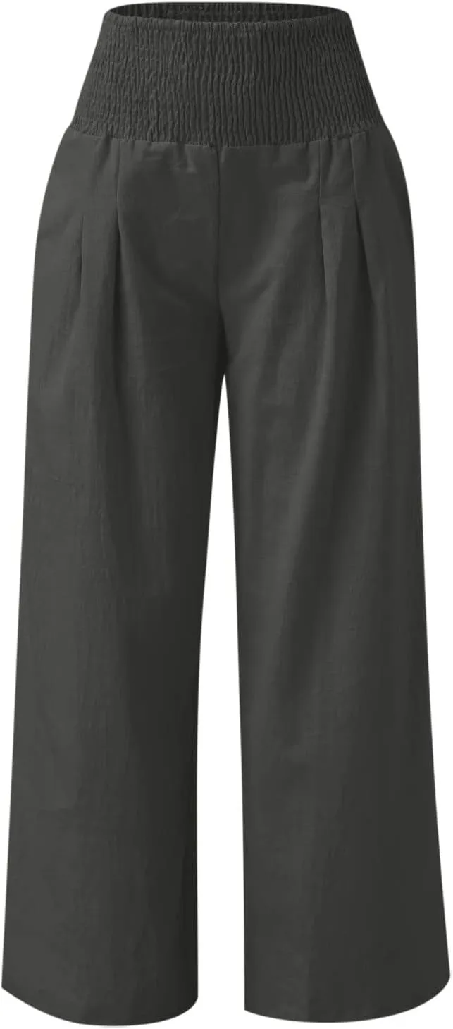 Womens Summer Casual Wide Leg Palazzo Pants Smocked High Waist Loose Lounge Comfy Trousers