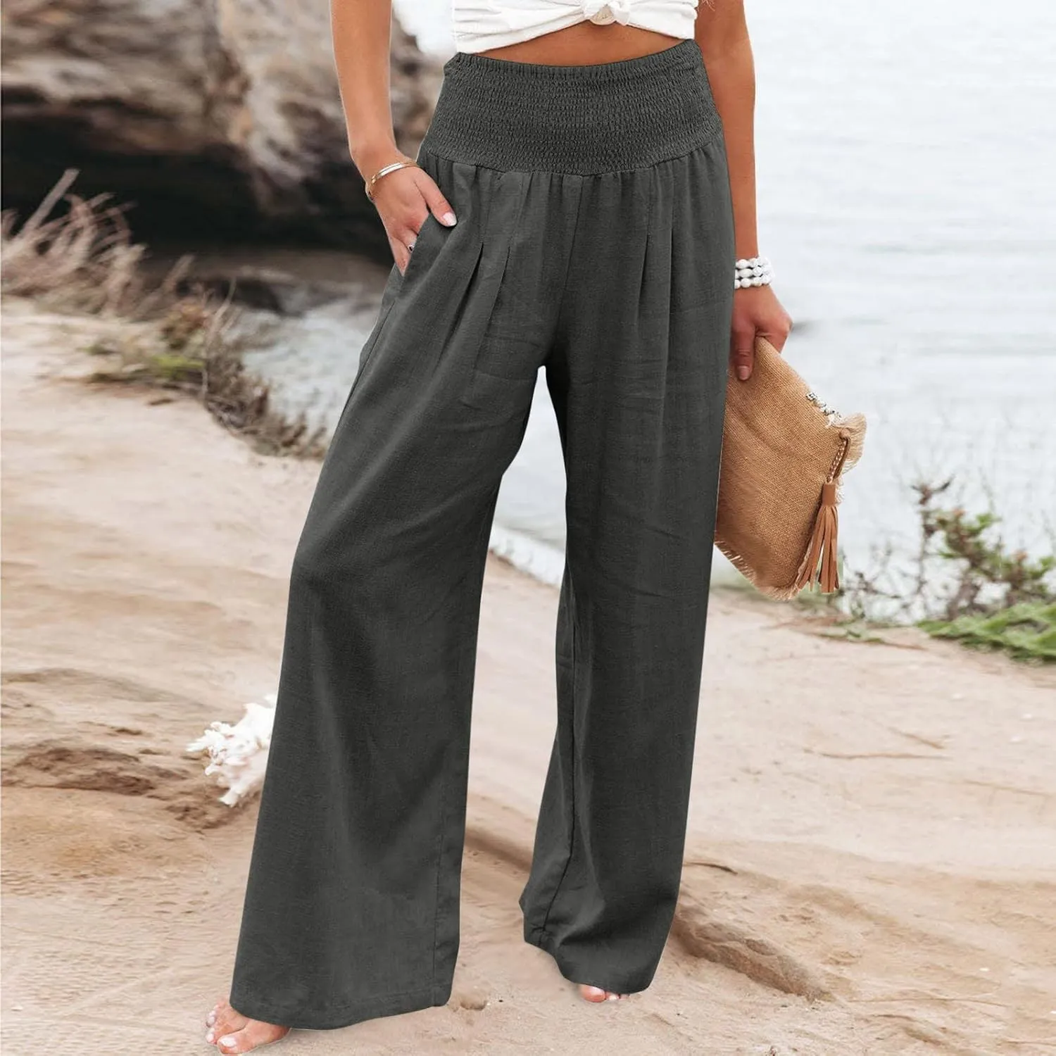 Womens Summer Casual Wide Leg Palazzo Pants Smocked High Waist Loose Lounge Comfy Trousers