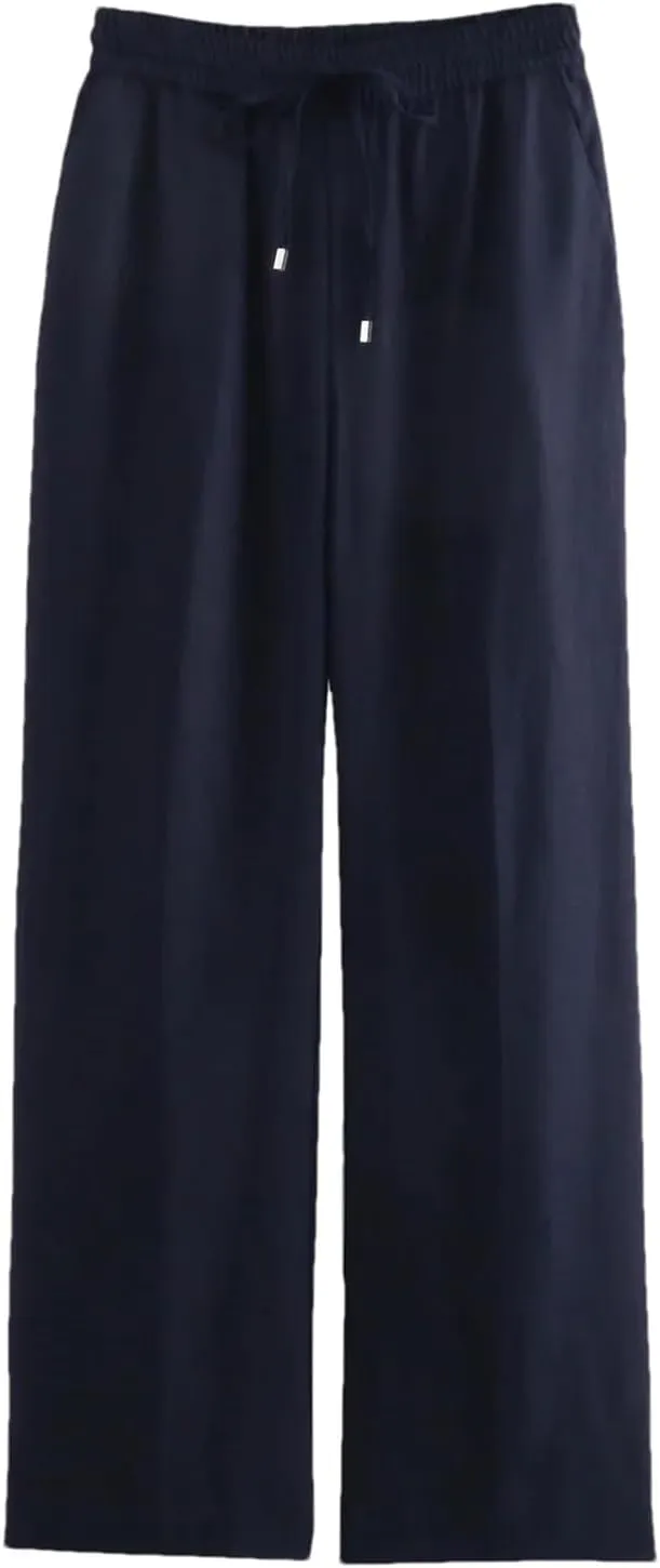 Women's Summer Lace-Up Linen Pants  High Waist Straight-Leg Drawstring Waist Office Lady Trousers with Pockets