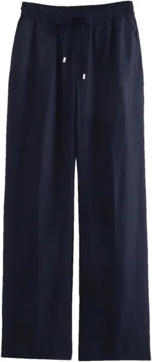 Women's Summer Lace-Up Linen Pants  High Waist Straight-Leg Drawstring Waist Office Lady Trousers with Pockets