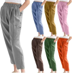 Womens Summer Linen Pants with 4 Pockets Straight Leg Elastic Waist Ankle Length Pants Casual Trousers Bottoms