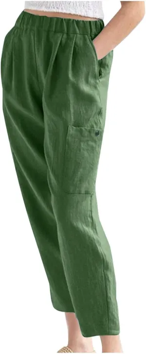 Womens Summer Linen Pants with 4 Pockets Straight Leg Elastic Waist Ankle Length Pants Casual Trousers Bottoms