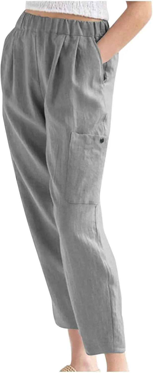 Womens Summer Linen Pants with 4 Pockets Straight Leg Elastic Waist Ankle Length Pants Casual Trousers Bottoms