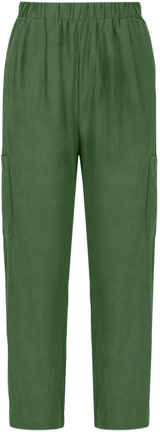 Womens Summer Linen Pants with 4 Pockets Straight Leg Elastic Waist Ankle Length Pants Casual Trousers Bottoms