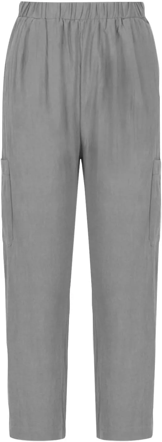 Womens Summer Linen Pants with 4 Pockets Straight Leg Elastic Waist Ankle Length Pants Casual Trousers Bottoms