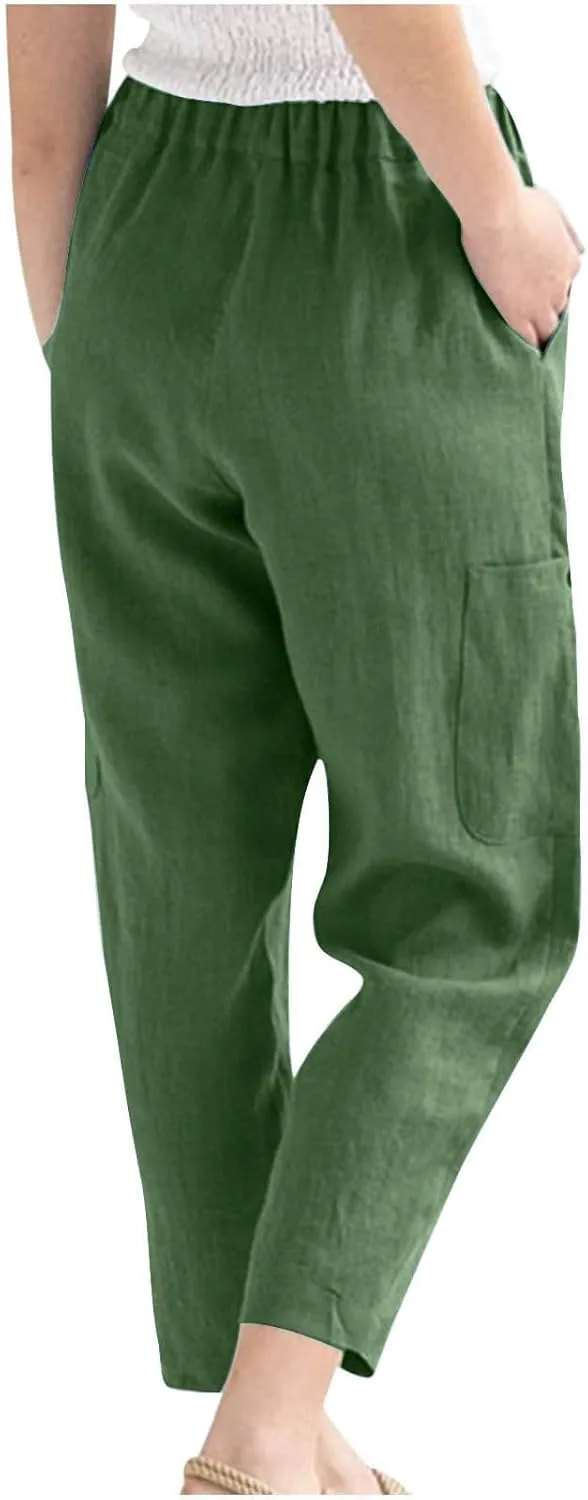 Womens Summer Linen Pants with 4 Pockets Straight Leg Elastic Waist Ankle Length Pants Casual Trousers Bottoms
