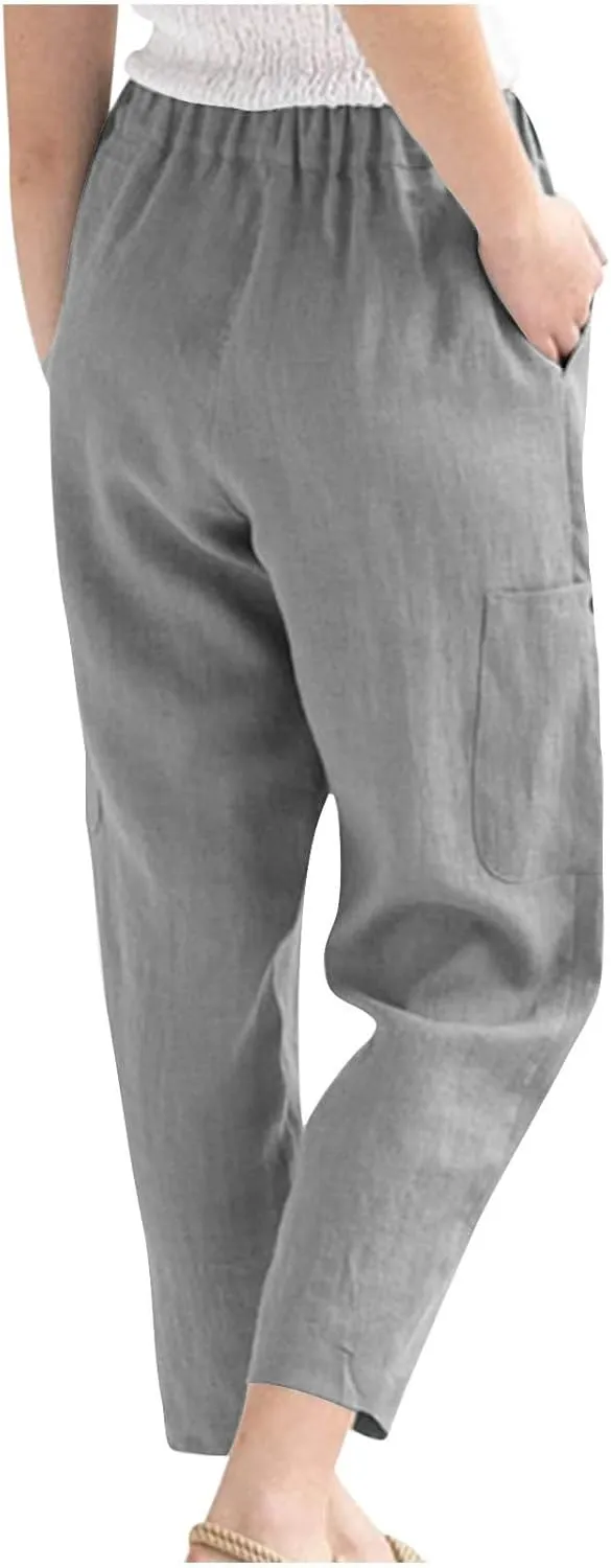 Womens Summer Linen Pants with 4 Pockets Straight Leg Elastic Waist Ankle Length Pants Casual Trousers Bottoms