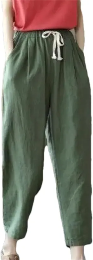 Women's Summer Loose Cotton Linen Pants  Solid Color Casual All-Match Cropped Trousers for Ladies