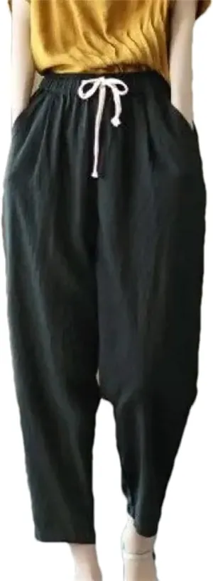 Women's Summer Loose Cotton Linen Pants  Solid Color Casual All-Match Cropped Trousers for Ladies
