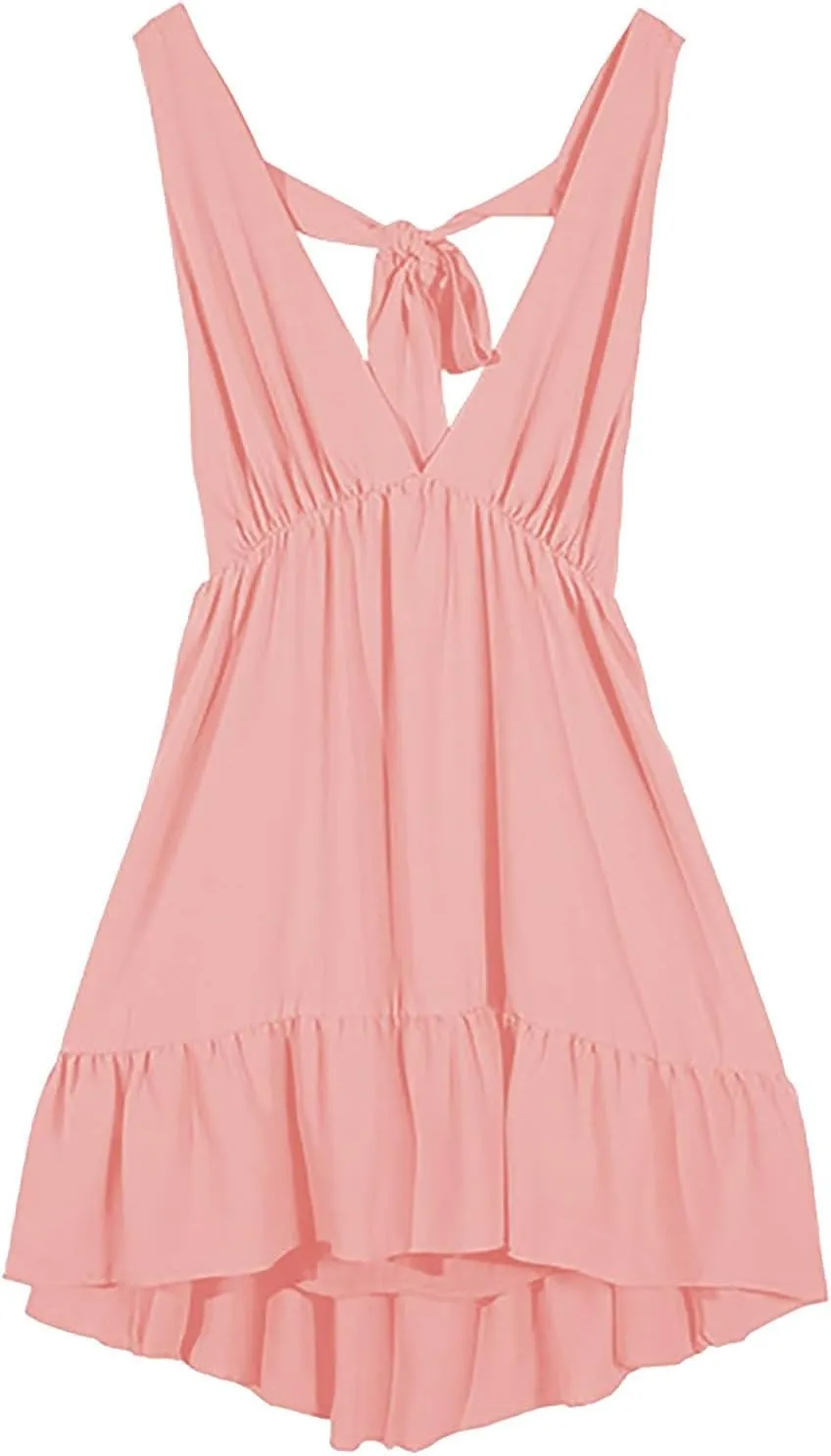 Womens Summer Mini Dress Loose Ruffle Deep V-Neck Sleeveless Backless Strap Pleated Short Tank Casual Sundress