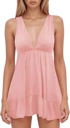 Womens Summer Mini Dress Loose Ruffle Deep V-Neck Sleeveless Backless Strap Pleated Short Tank Casual Sundress
