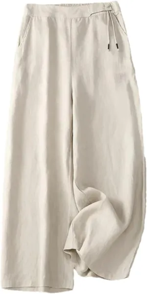 Women's Summer Wide-Leg Pants  High Waist Elastic Cotton Linen Loose Fit Straight-Leg Casual Trousers