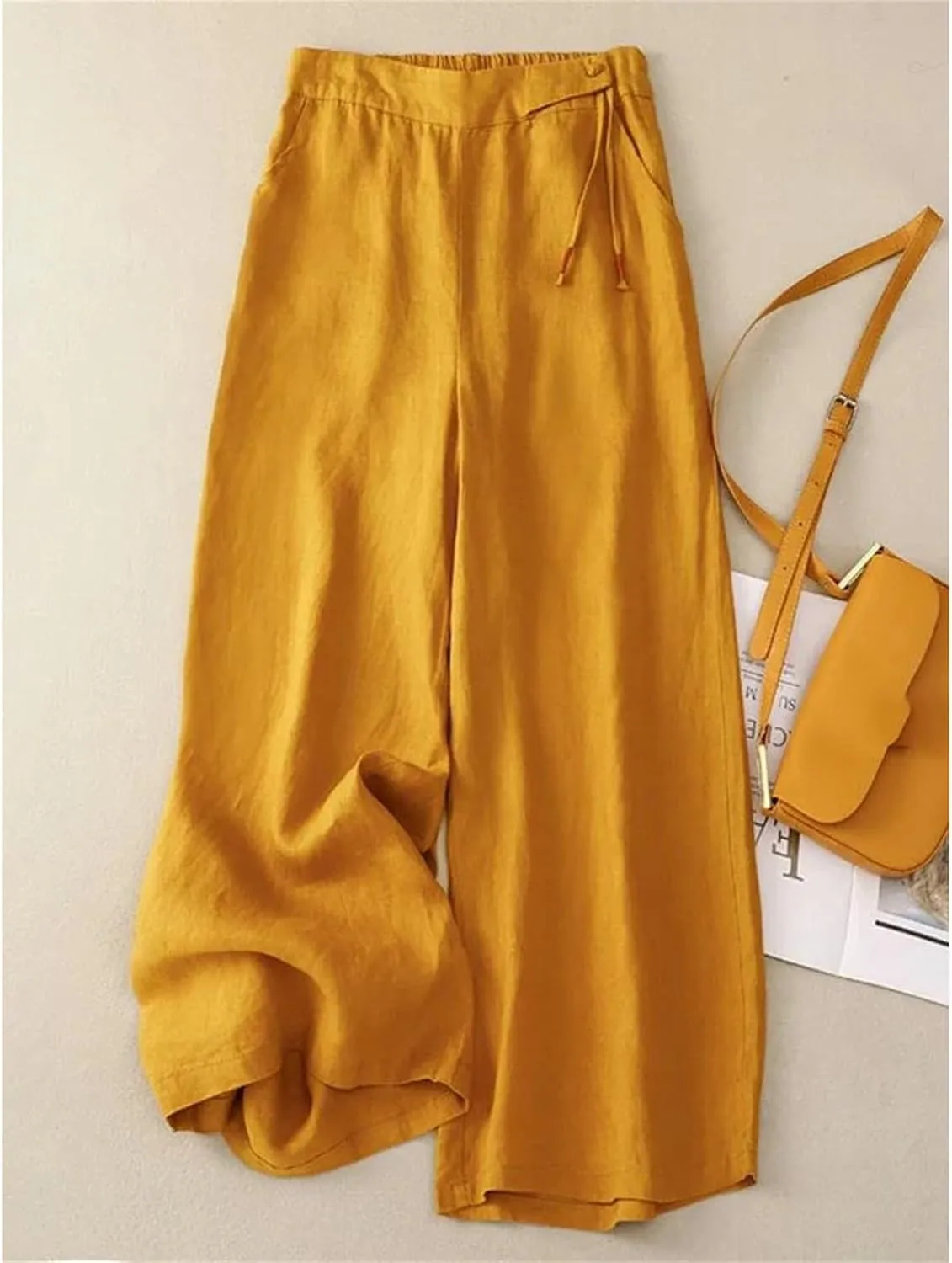 Women's Summer Wide-Leg Pants  High Waist Elastic Cotton Linen Loose Fit Straight-Leg Casual Trousers