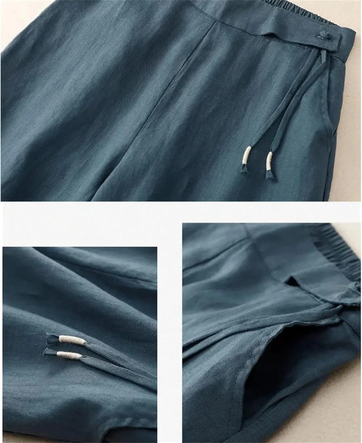 Women's Summer Wide-Leg Pants  High Waist Elastic Cotton Linen Loose Fit Straight-Leg Casual Trousers