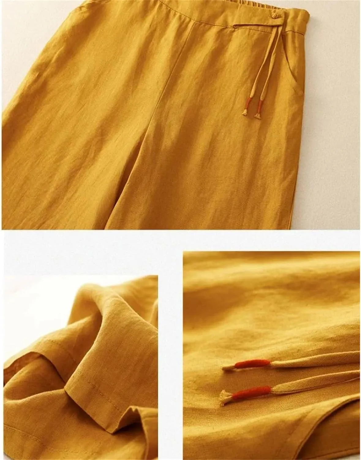 Women's Summer Wide-Leg Pants  High Waist Elastic Cotton Linen Loose Fit Straight-Leg Casual Trousers