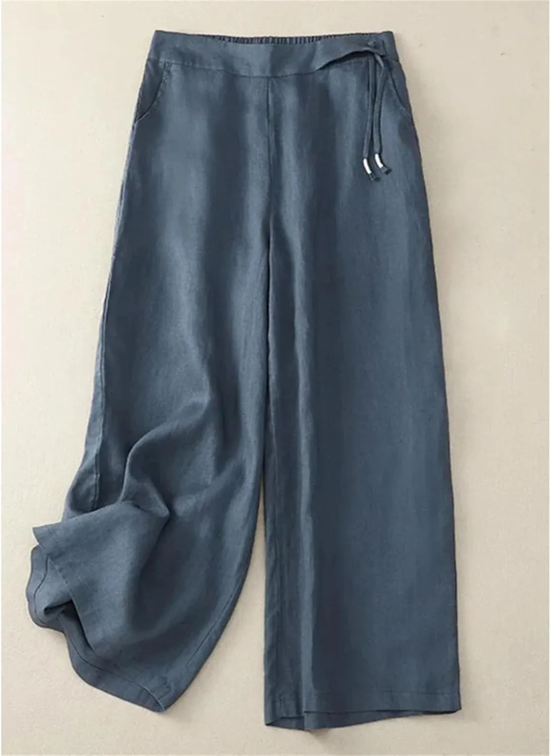 Women's Summer Wide-Leg Pants  High Waist Elastic Cotton Linen Loose Fit Straight-Leg Casual Trousers