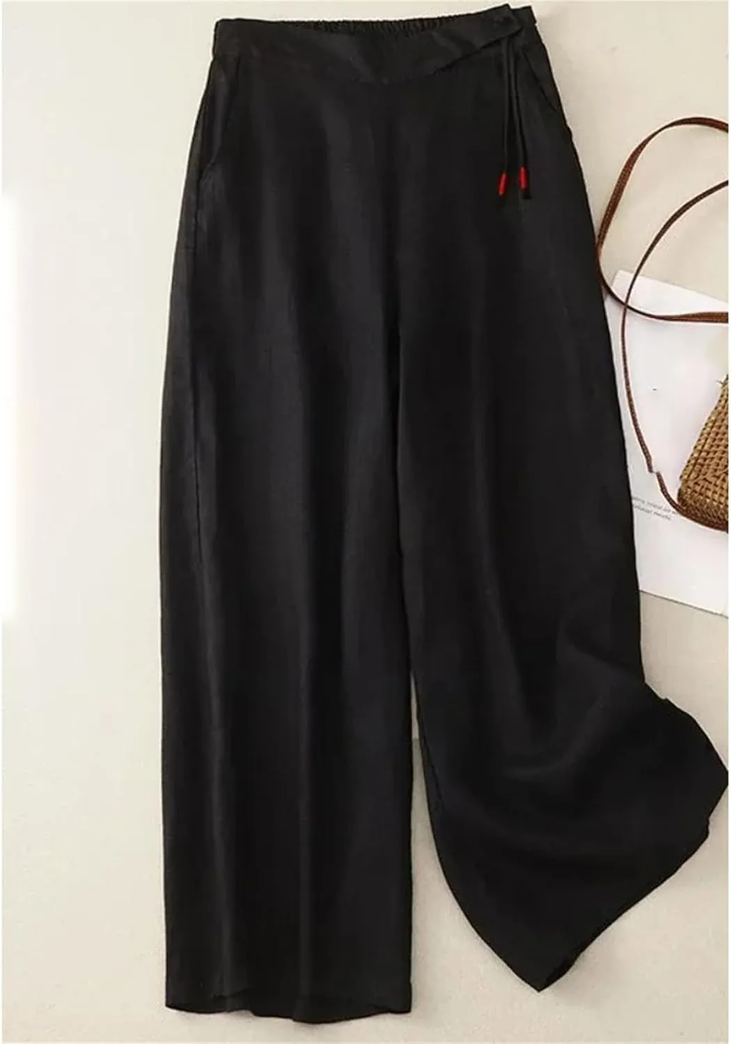 Women's Summer Wide-Leg Pants  High Waist Elastic Cotton Linen Loose Fit Straight-Leg Casual Trousers