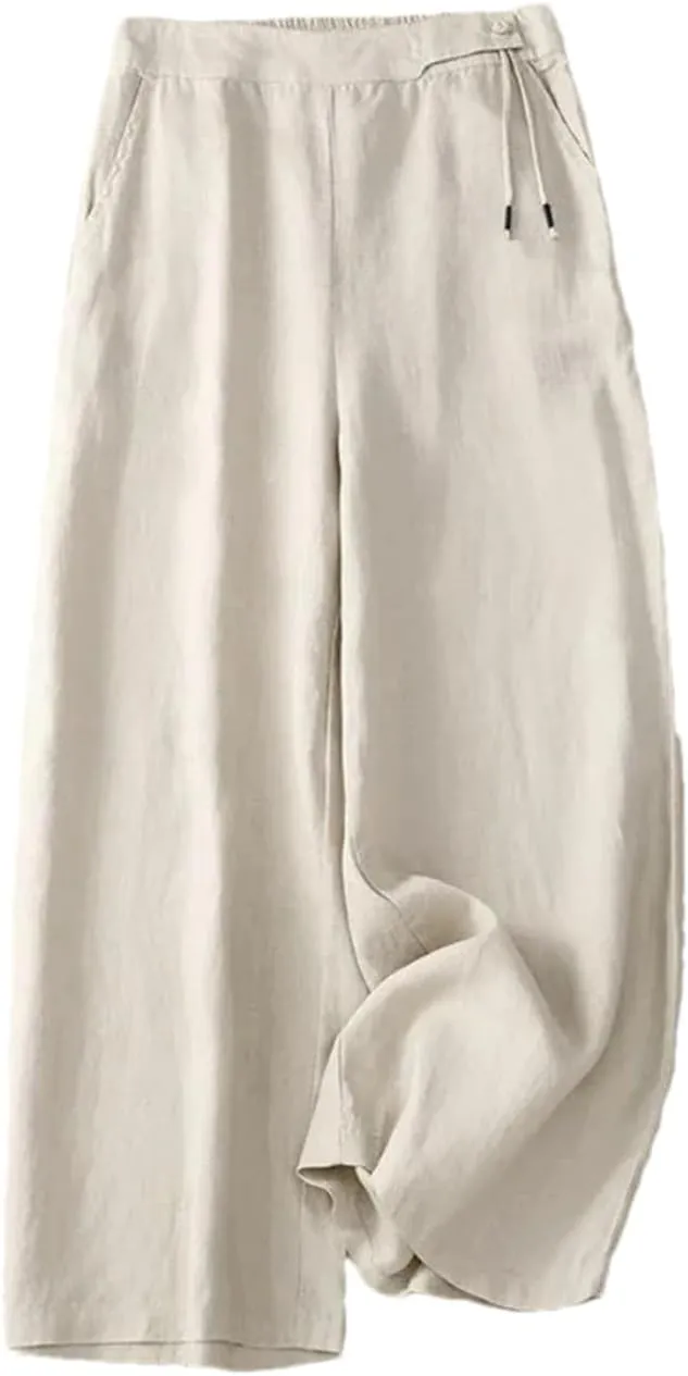 Women's Summer Wide-Leg Pants  High Waist Elastic Cotton Linen Loose Fit Straight-Leg Casual Trousers