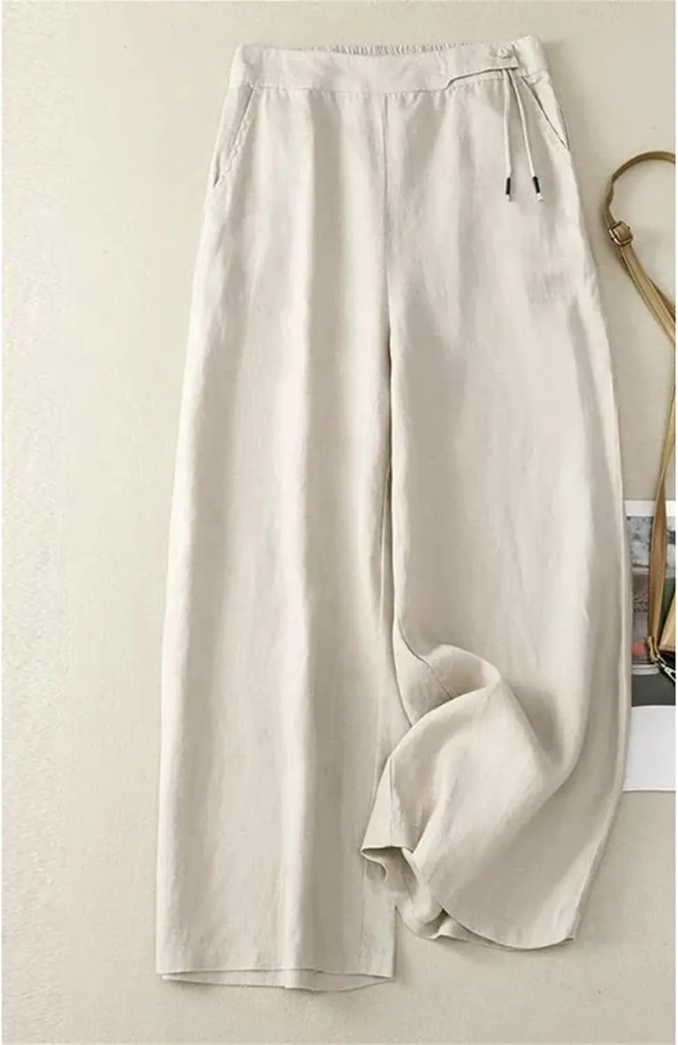Women's Summer Wide-Leg Pants  High Waist Elastic Cotton Linen Loose Fit Straight-Leg Casual Trousers