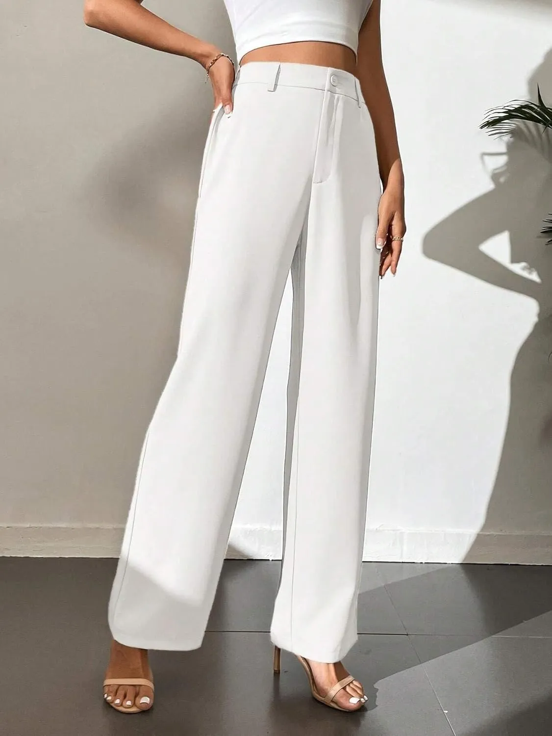 Womens Tall Solid High Waist Wide Leg Pants Zipper Button Loose Long Pant Trousers for Women