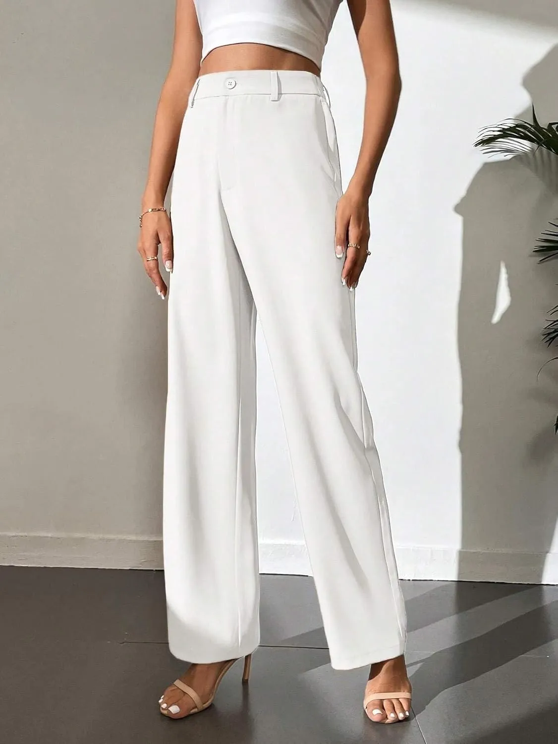 Womens Tall Solid High Waist Wide Leg Pants Zipper Button Loose Long Pant Trousers for Women