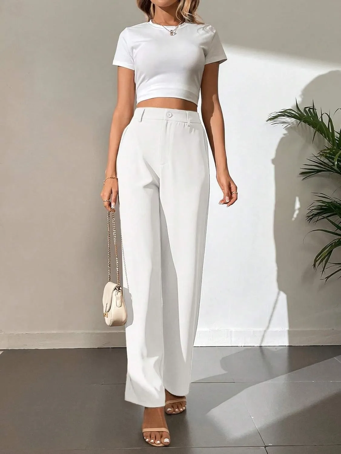 Womens Tall Solid High Waist Wide Leg Pants Zipper Button Loose Long Pant Trousers for Women