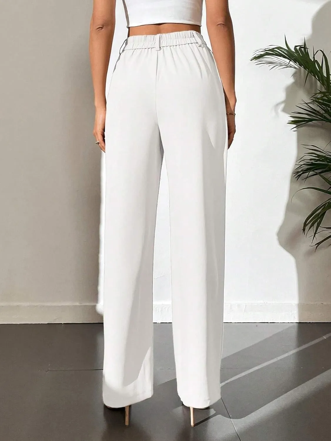 Womens Tall Solid High Waist Wide Leg Pants Zipper Button Loose Long Pant Trousers for Women
