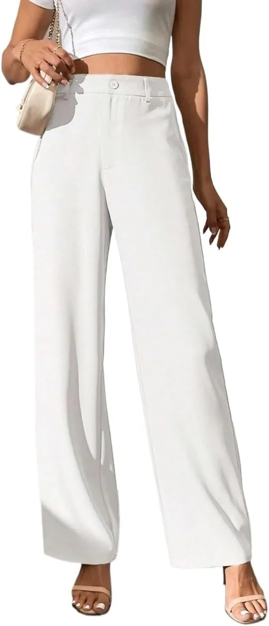 Womens Tall Solid High Waist Wide Leg Pants Zipper Button Loose Long Pant Trousers for Women