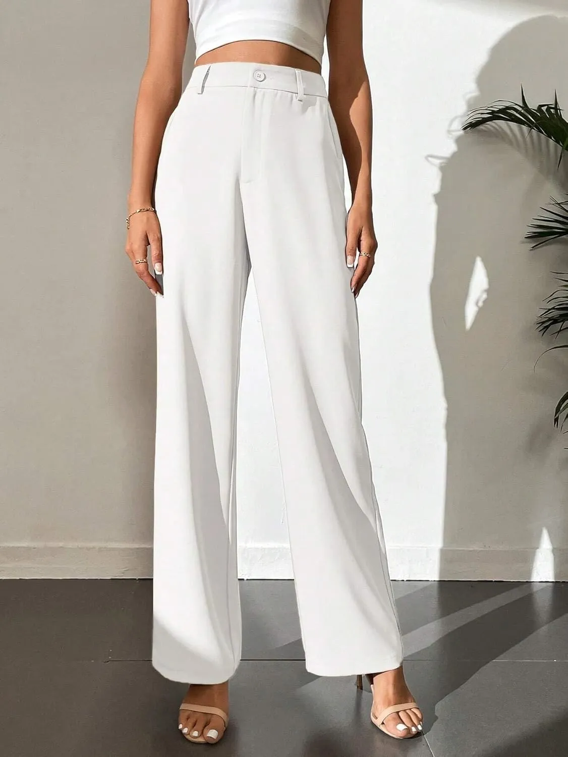 Womens Tall Solid High Waist Wide Leg Pants Zipper Button Loose Long Pant Trousers for Women
