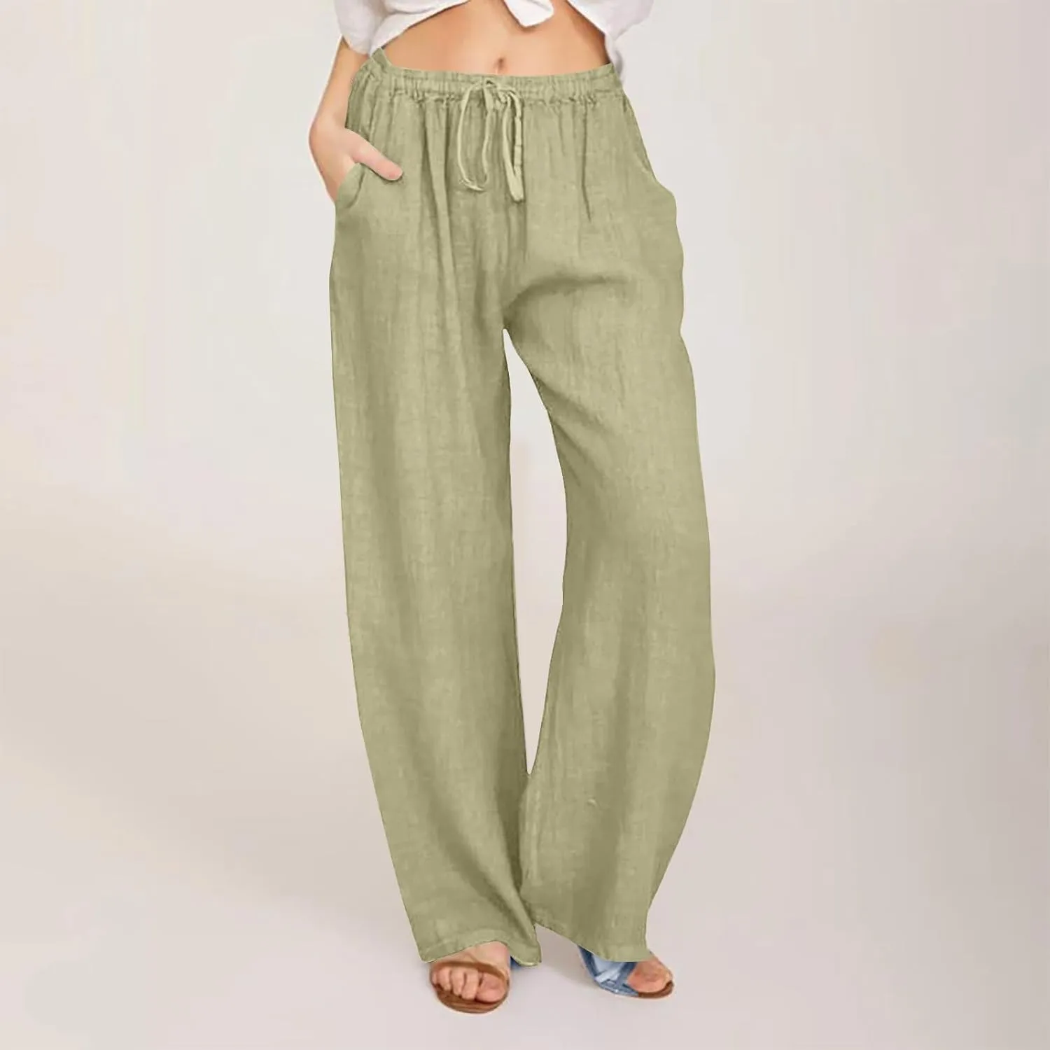 Womens Trendy Cotton Linen Pants Summer Lightweight Boho Pants Wide Leg Loose Drawstring Trousers with Pockets