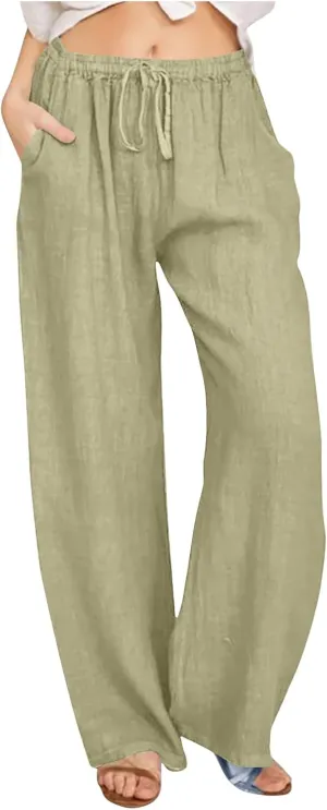 Womens Trendy Cotton Linen Pants Summer Lightweight Boho Pants Wide Leg Loose Drawstring Trousers with Pockets