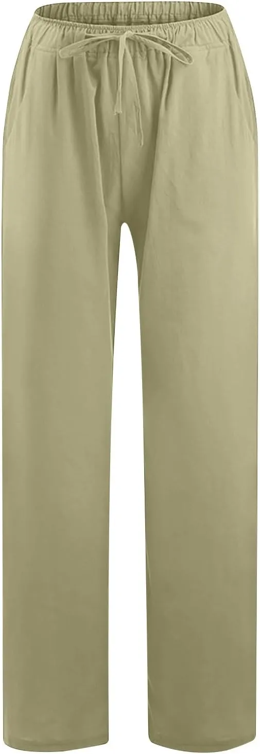 Womens Trendy Cotton Linen Pants Summer Lightweight Boho Pants Wide Leg Loose Drawstring Trousers with Pockets