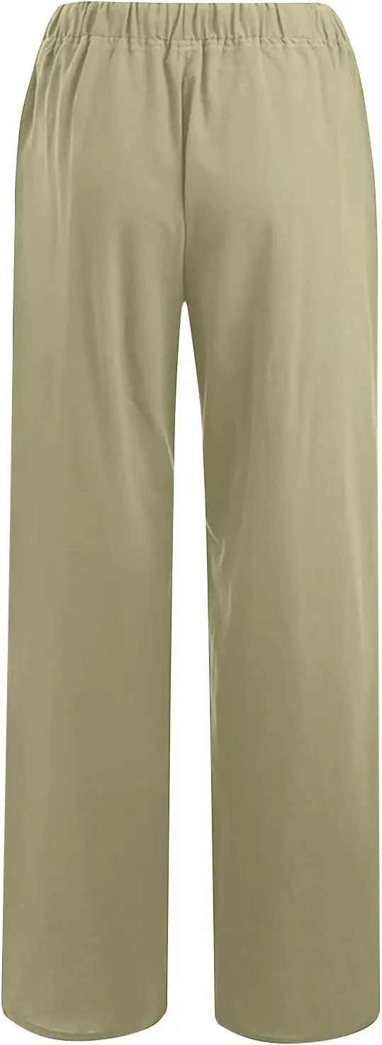 Womens Trendy Cotton Linen Pants Summer Lightweight Boho Pants Wide Leg Loose Drawstring Trousers with Pockets