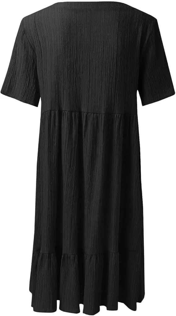 Womens V Neck Short Sleeve Tiered Smocked Dress Casual Flowy A Line Work Mini Dresses Cute Babydoll Swing Dress