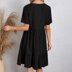 Womens V Neck Short Sleeve Tiered Smocked Dress Casual Flowy A Line Work Mini Dresses Cute Babydoll Swing Dress