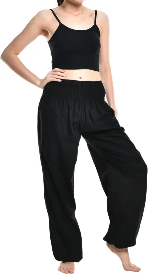 Womens Warm Winter Cotton Harem Hippie Pants Baggy Boho Smocked Waist with Pocket Lounge Trousers for Yoga
