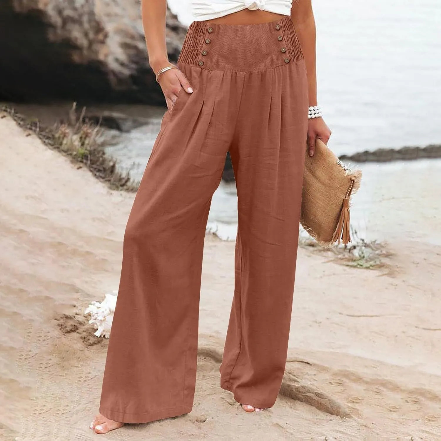 Women's Wide Leg Pants Elastic Waisted Palazzo Pants Casual Yoga Pants Business Casual Long Trousers with Pockets